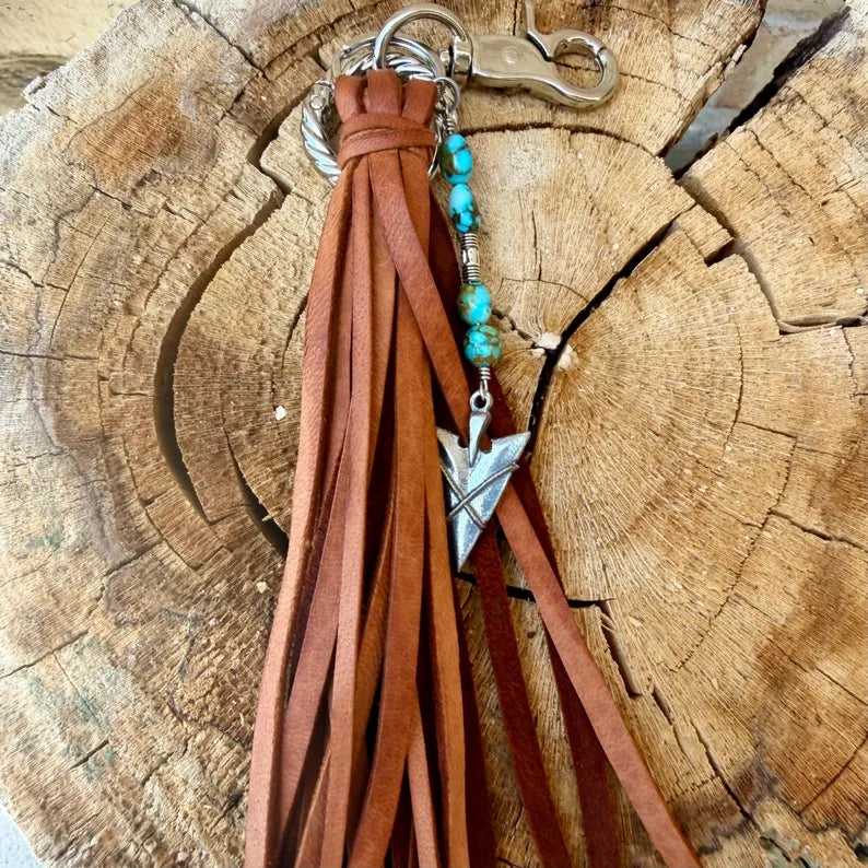 Leather Tassel Keychain • Kingman Turquoise & Arrowhead • Western Accent