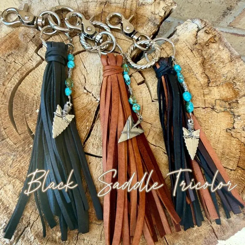 Leather Tassel Keychain • Kingman Turquoise & Arrowhead • Western Accent