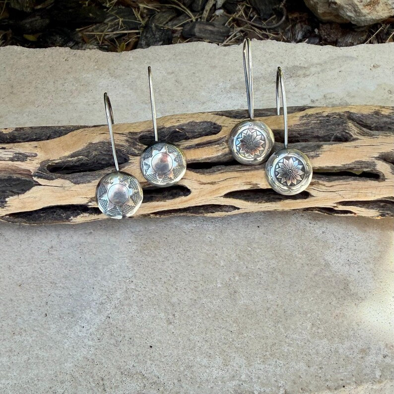 Sterling Silver Concho Earrings • Sunflower or Starburst Dangle Drops • Argentium Ear Wires 18g 20g