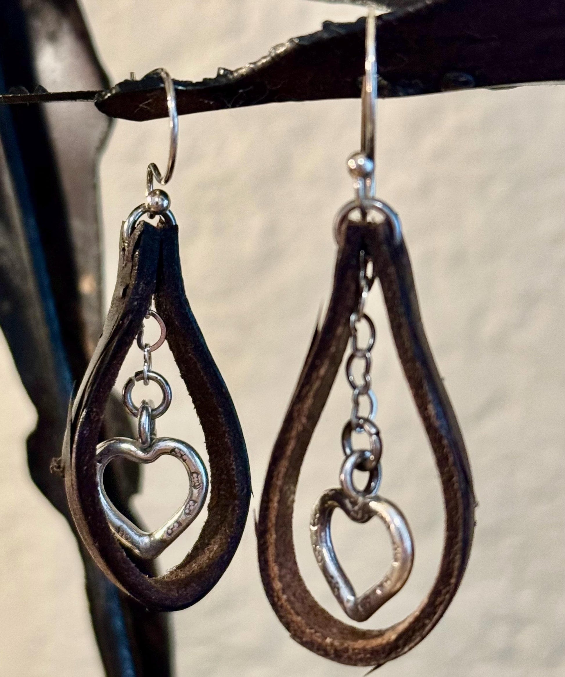 Leather earrings with heart chain and pendant / genuine leather earrings