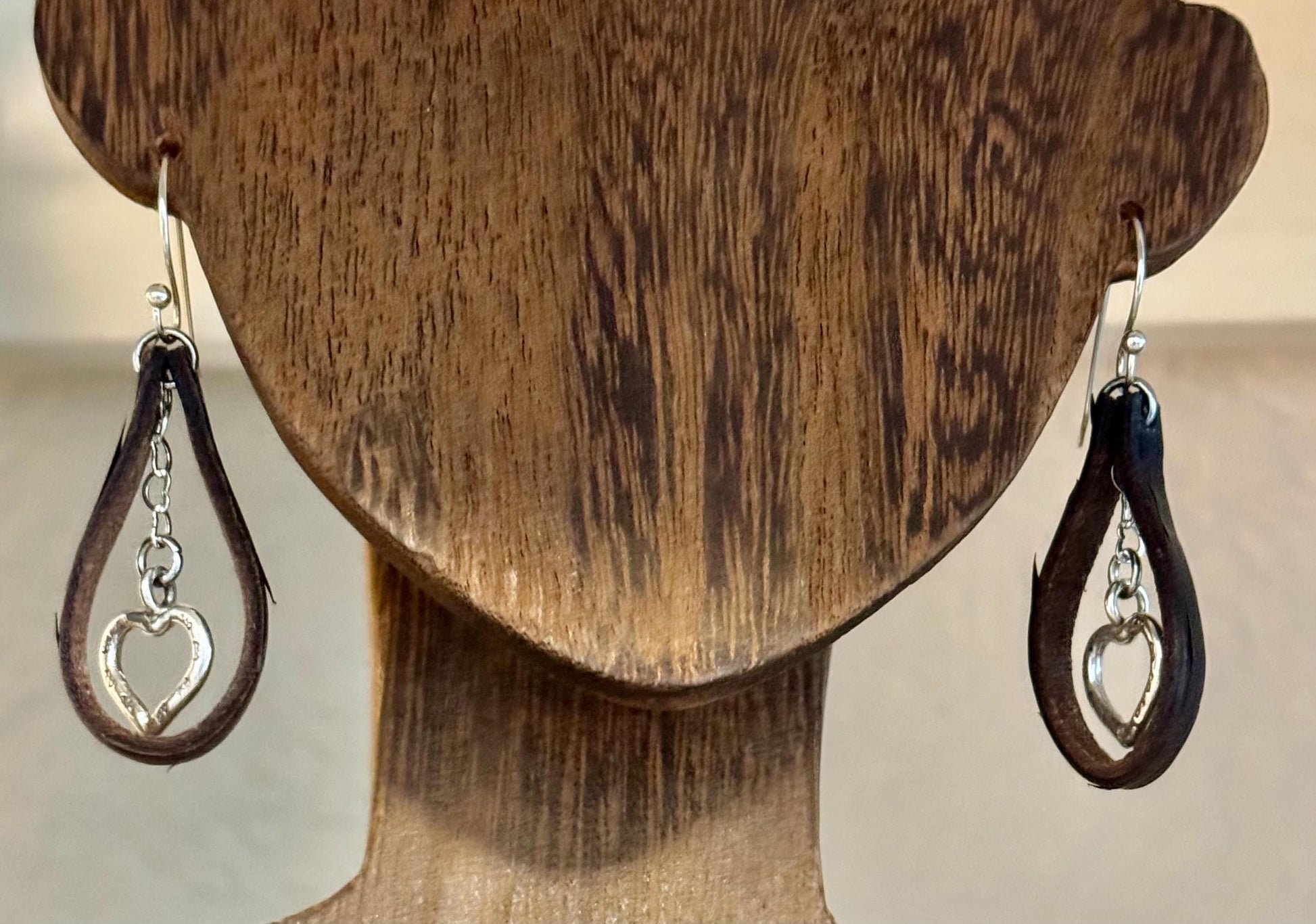 Leather earrings with heart chain and pendant / genuine leather earrings