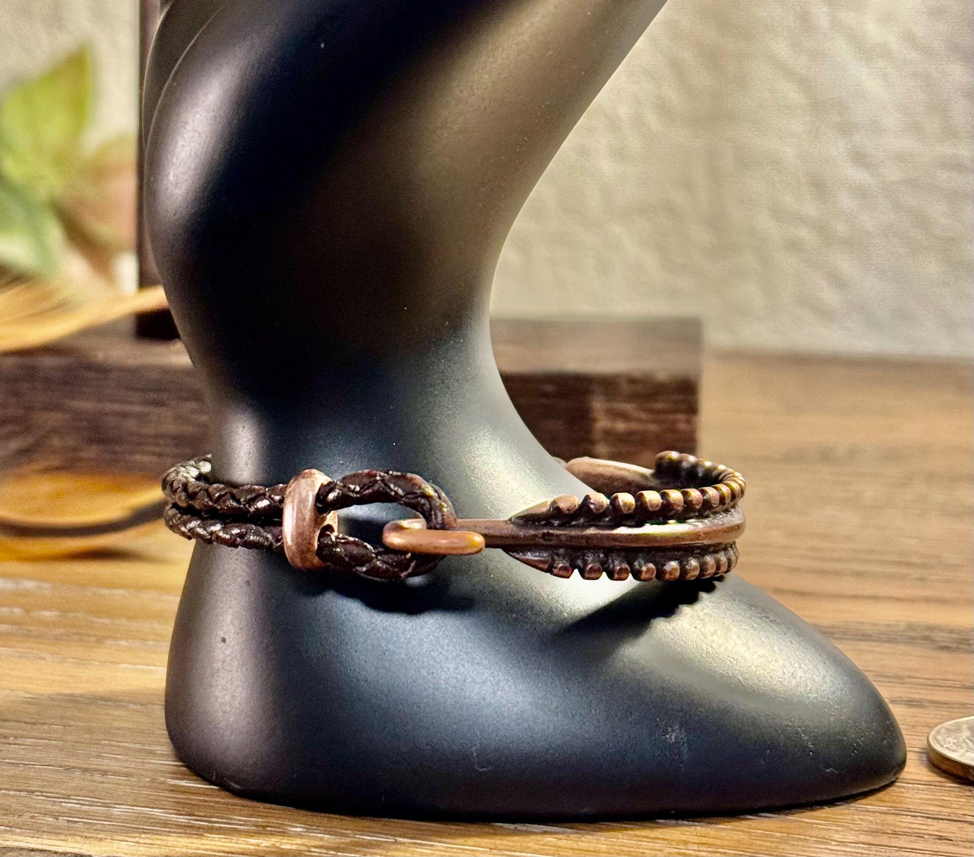 Leather bracelet with antique copper color cuff, dark brown or black leather option