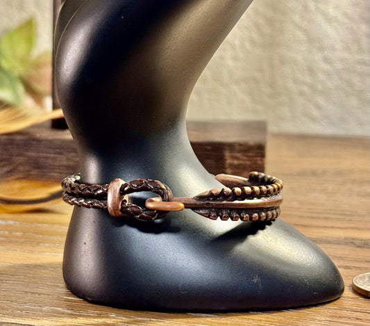 Leather bracelet with antique copper color cuff, dark brown or black leather option