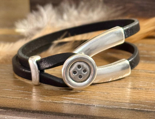 Wrap Leather Bracelet, Button Silver Half Cuff, Black Leather Bracelet, Coraline Bracelet, Gift Idea