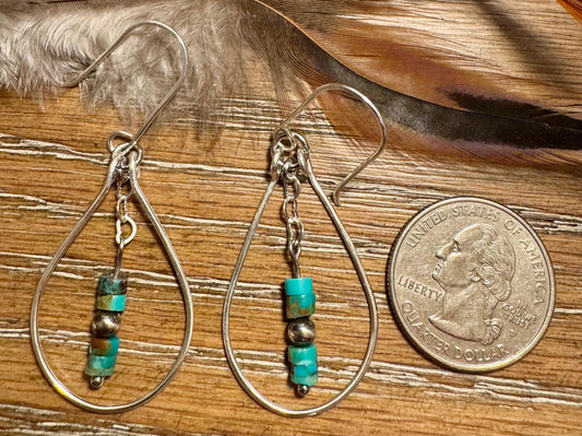 Turquoise and Navajo pearl dangle teardrop style, sterling silver heart chain earrings / turquoise earrings