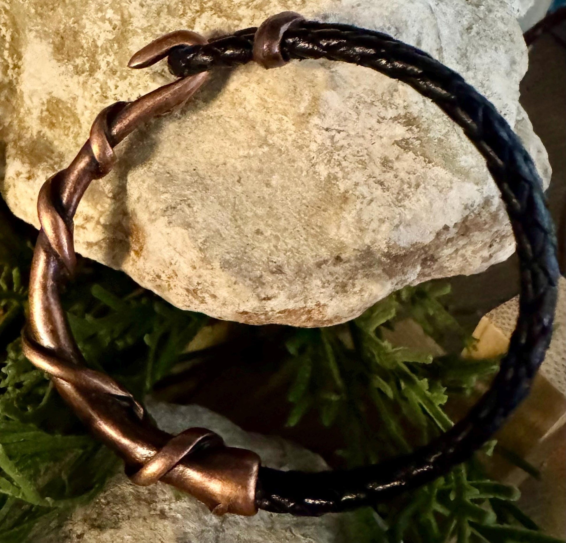 Braided leather bracelet with antique copper color wire wrap style cuff, brown or black leather option