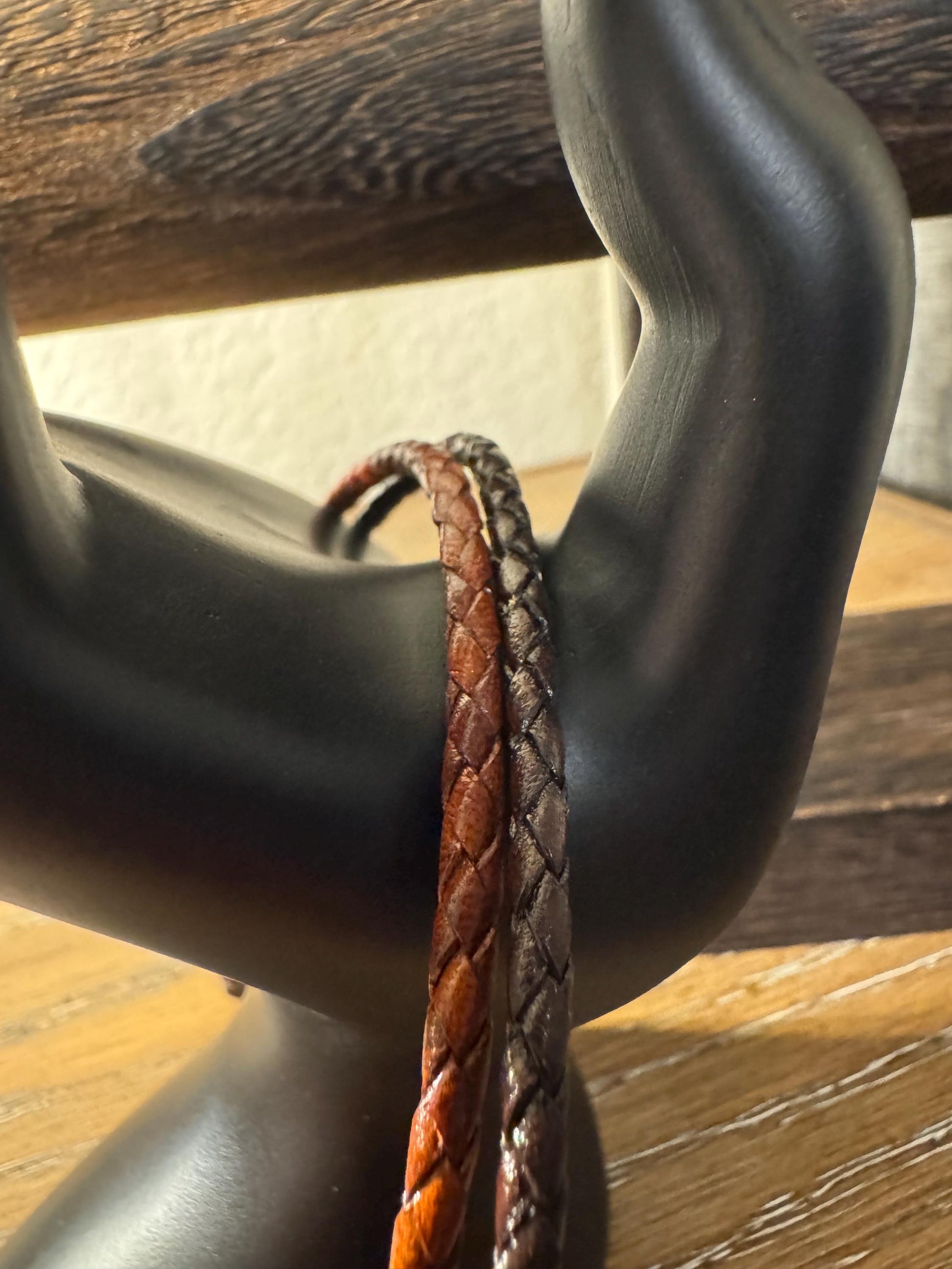 Braided leather bracelet with antique copper color wire wrap style cuff, brown or black leather option