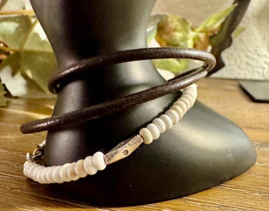 White turquoise leather wrap bracelet, genuine leather