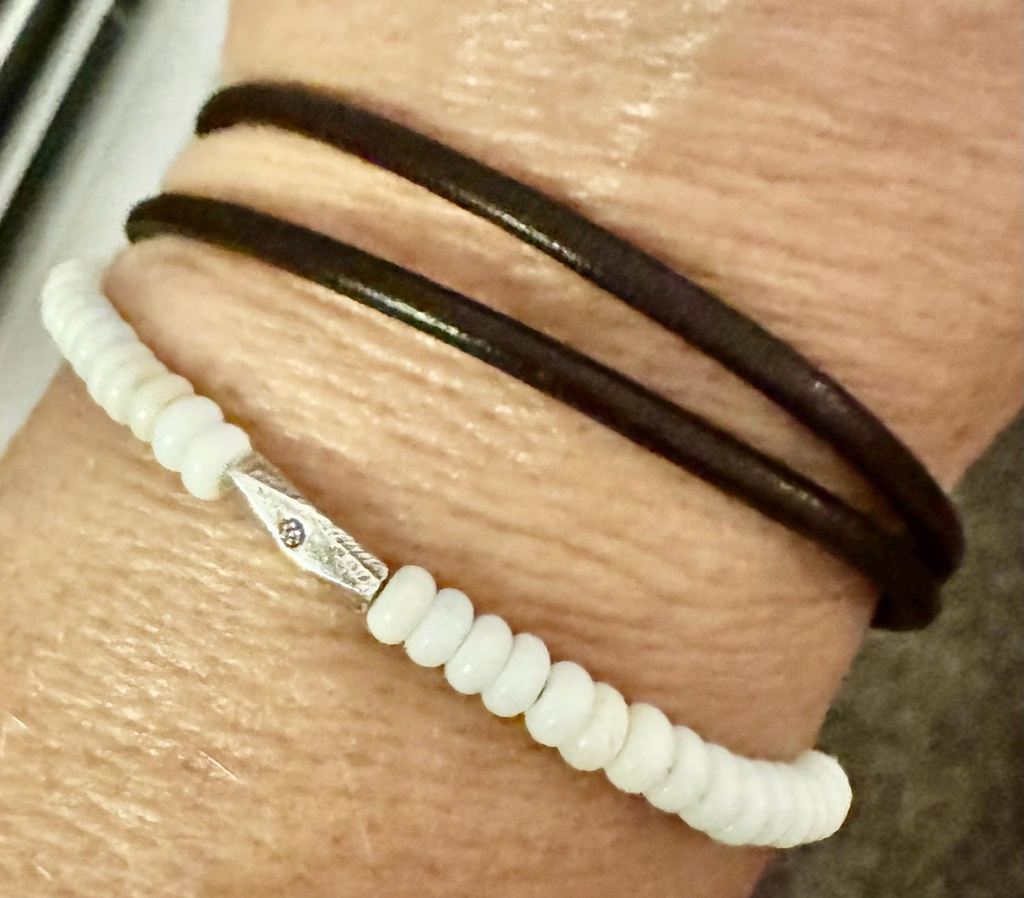 White turquoise leather wrap bracelet, genuine leather
