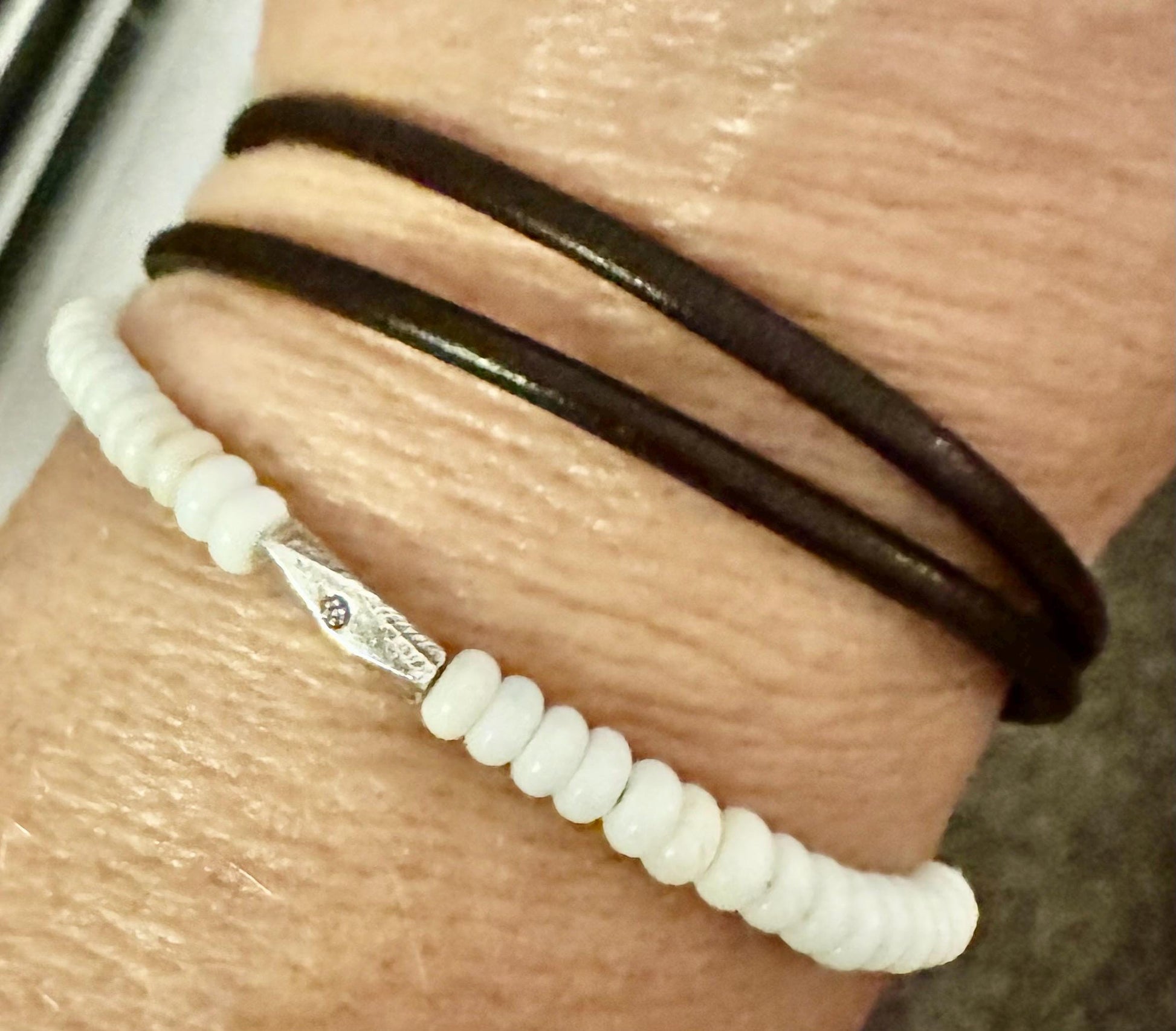 White turquoise leather wrap bracelet, genuine leather