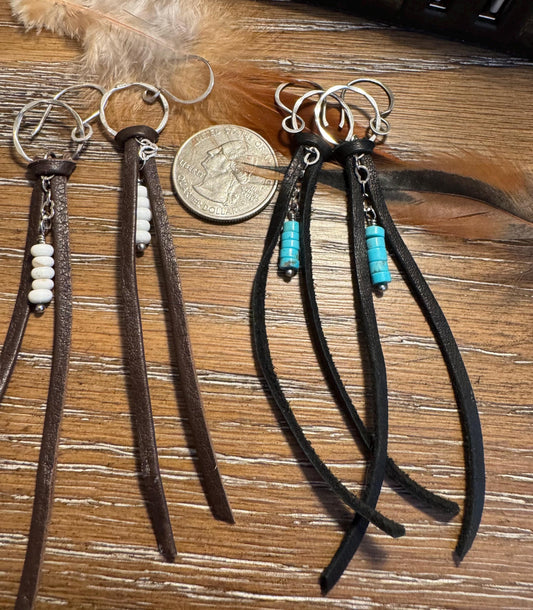 Leather earrings with heart chain and turquoise gemstone dangle / genuine leather earrings