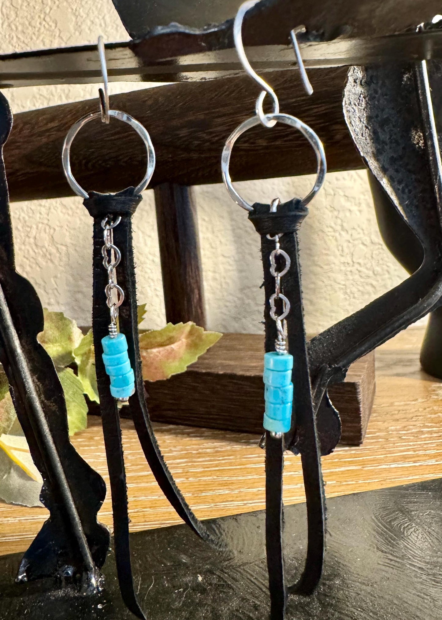 Leather earrings with heart chain and turquoise gemstone dangle / genuine leather earrings