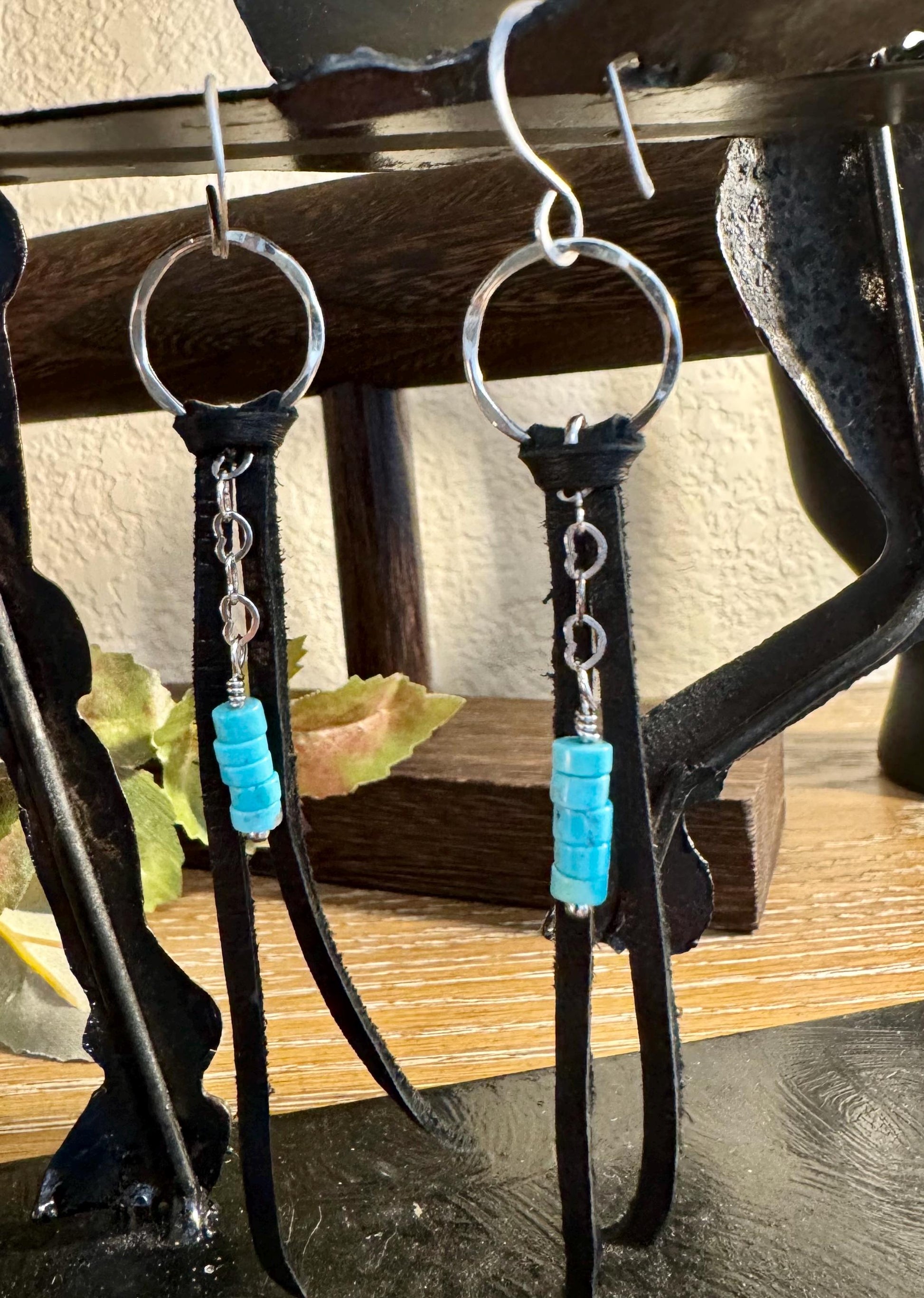 Leather earrings with heart chain and turquoise gemstone dangle / genuine leather earrings