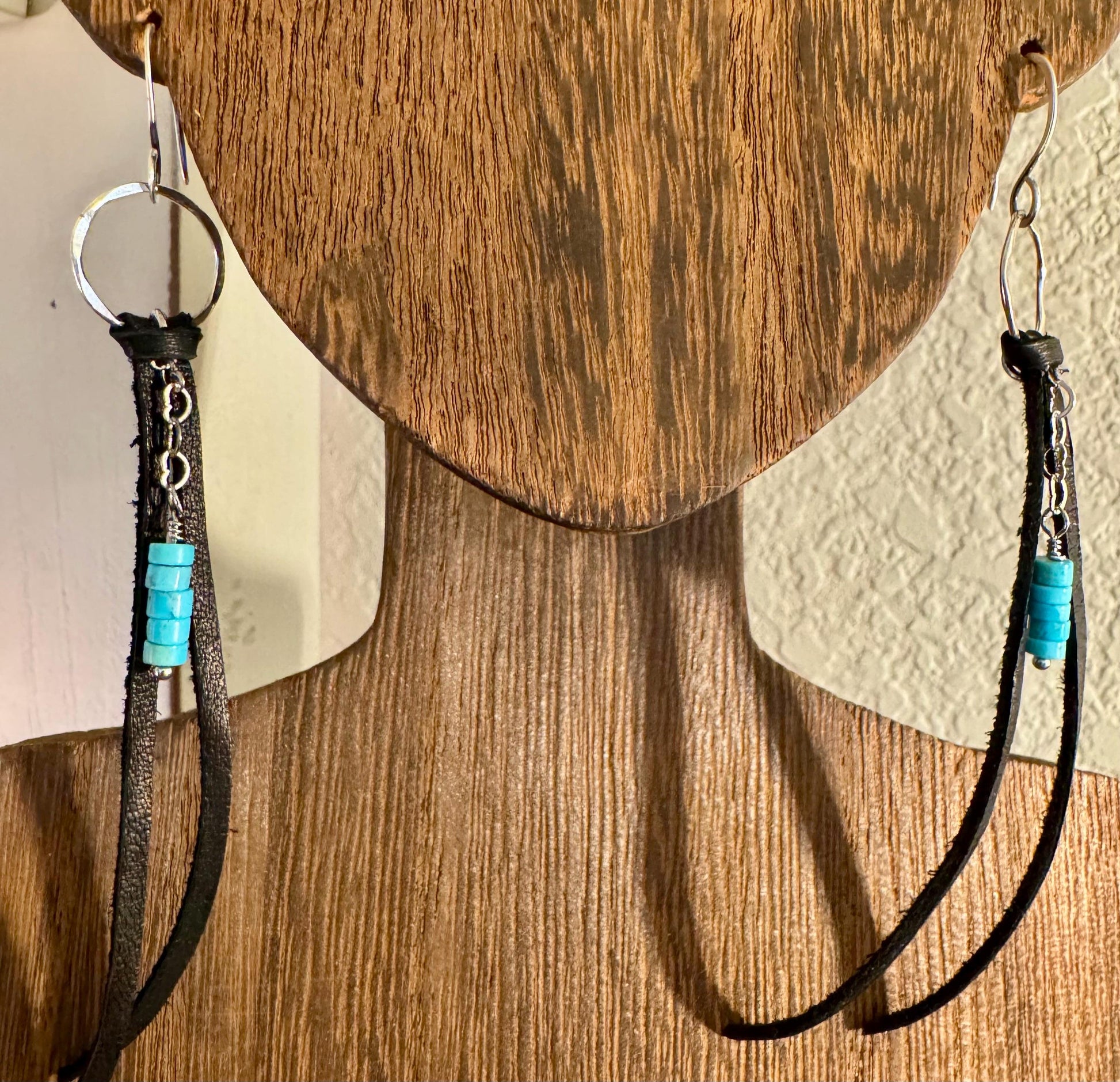 Leather earrings with heart chain and turquoise gemstone dangle / genuine leather earrings