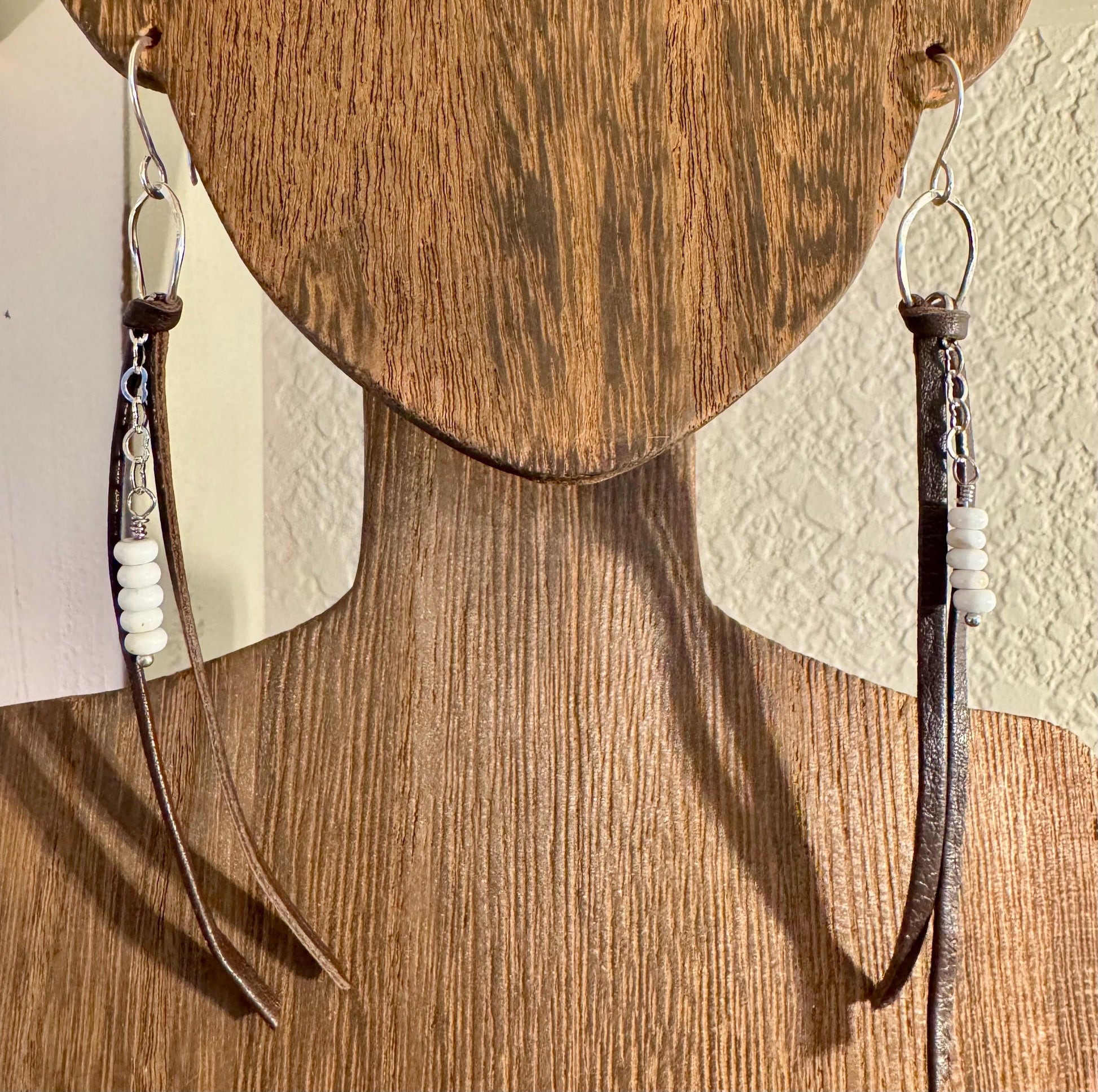 Leather earrings with heart chain and turquoise gemstone dangle / genuine leather earrings