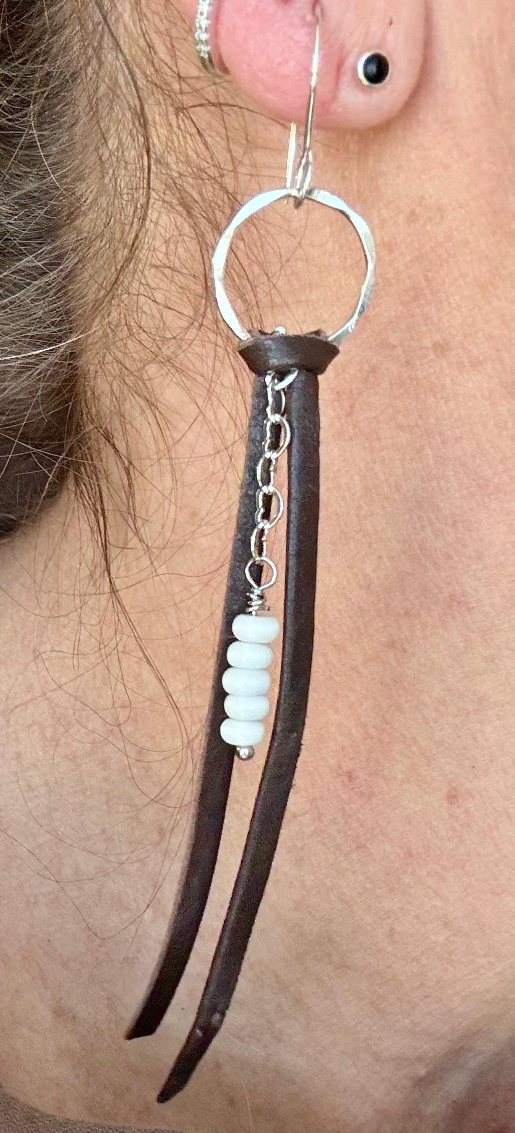 Leather earrings with heart chain and turquoise gemstone dangle / genuine leather earrings