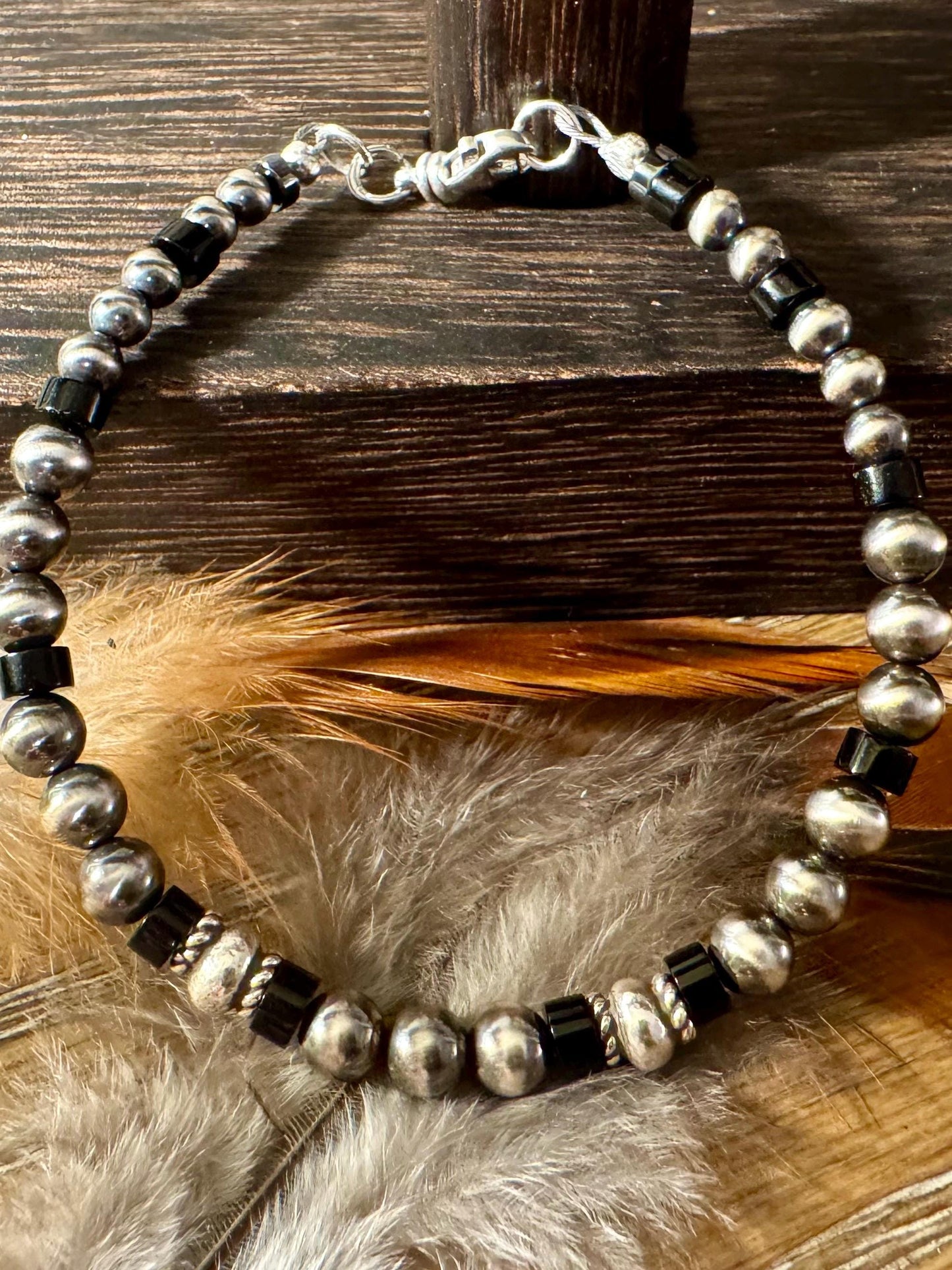 Navajo Pearl Bracelet with black onyx bracelet / sterling silver beaded gemstone bracelet