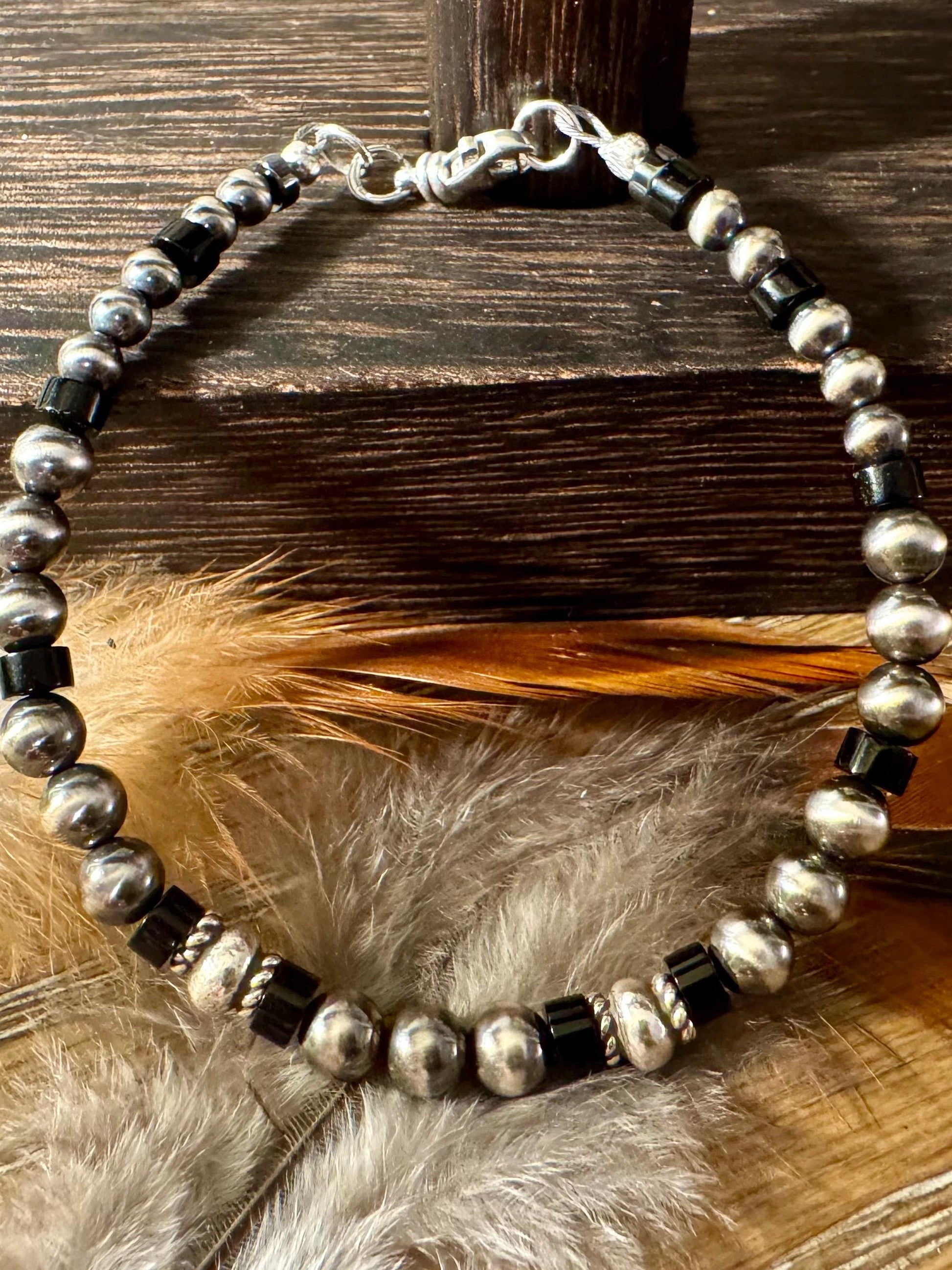 Navajo Pearl Bracelet with black onyx bracelet / sterling silver beaded gemstone bracelet