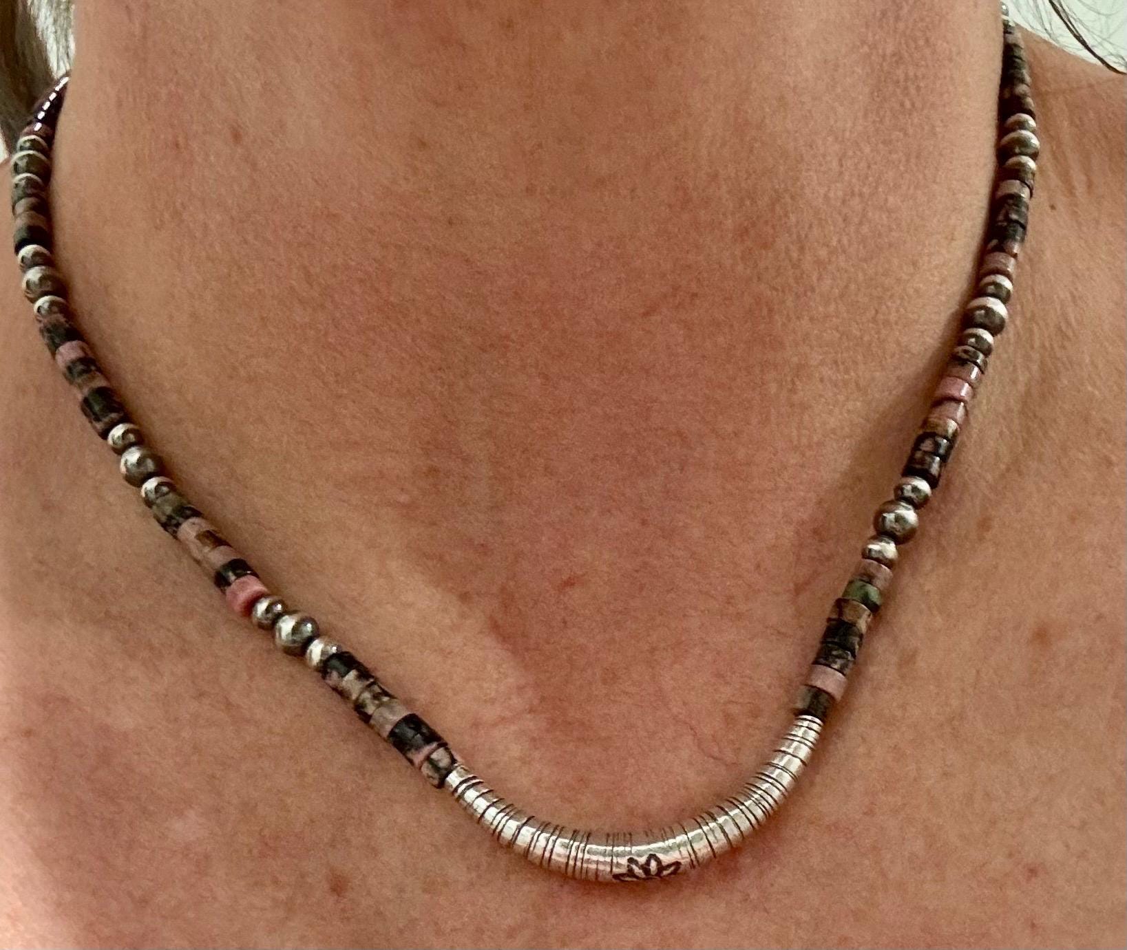 Navajo Pearl and Black Pink Rhodonite Necklace, Beaded Sterling Silver Necklace, Authentic Navajo Pearl Necklace Jewelry