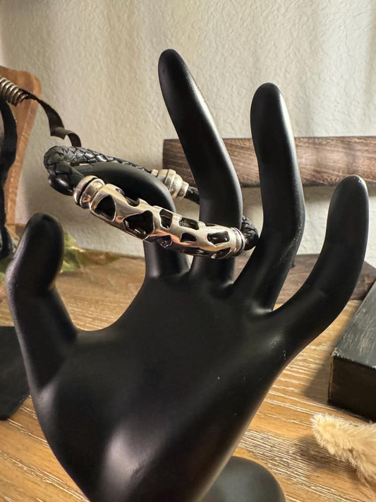 Braided leather bracelet with silver slider and magnet closure / wrap leather bracelet