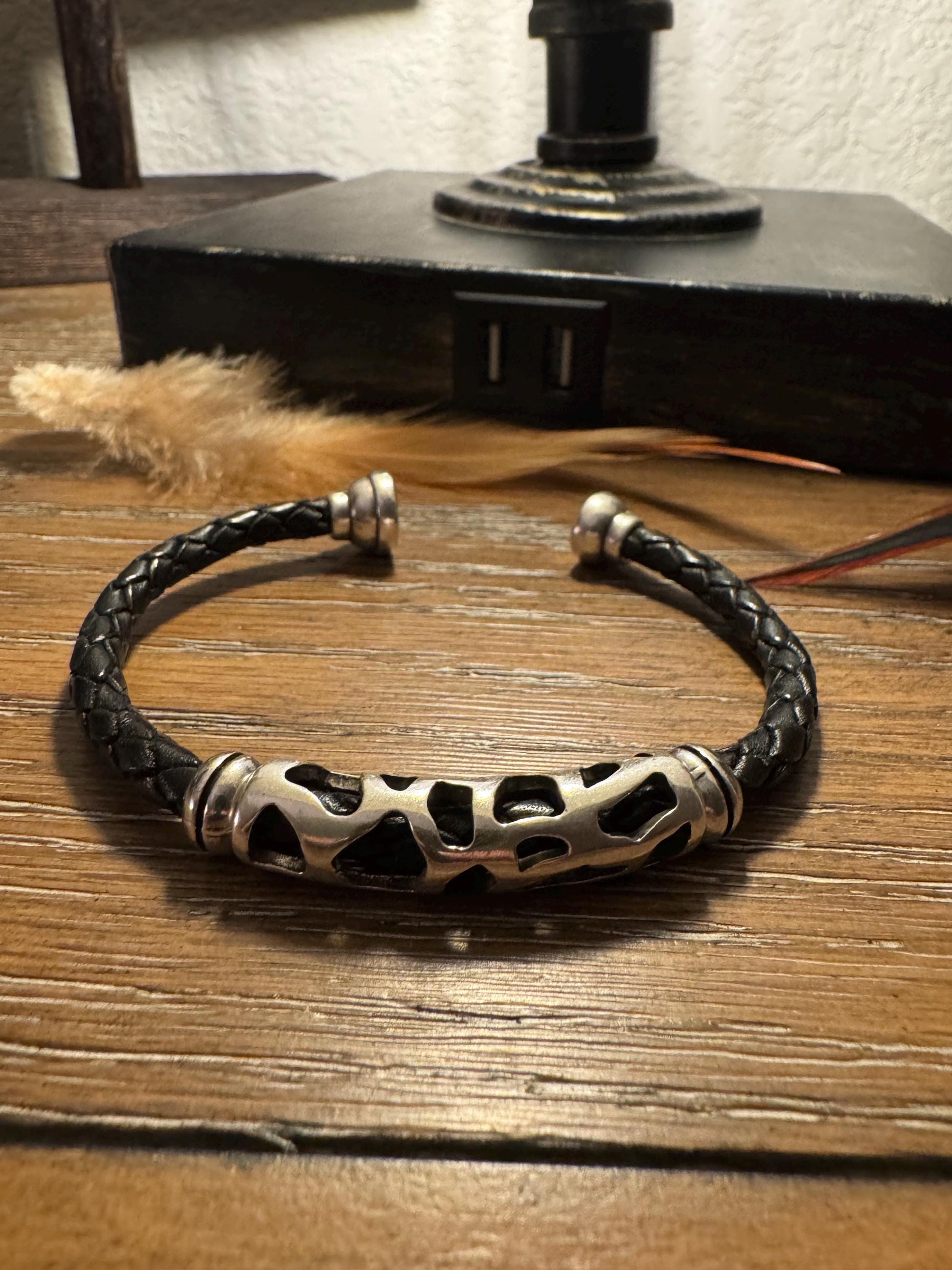 Braided leather bracelet with silver slider and magnet closure / wrap leather bracelet