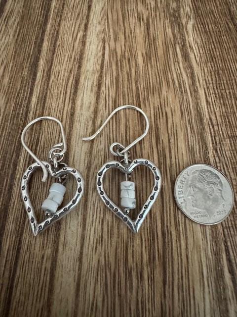 Silver Heart Dangle Earrings, White Howlite Stone, Gemstone Earrings, Sterling Silver Jewelry, Perfect Gift for Her
