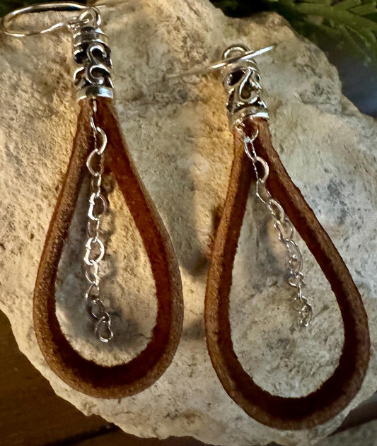 Leather earrings with heart chain / genuine leather earrings