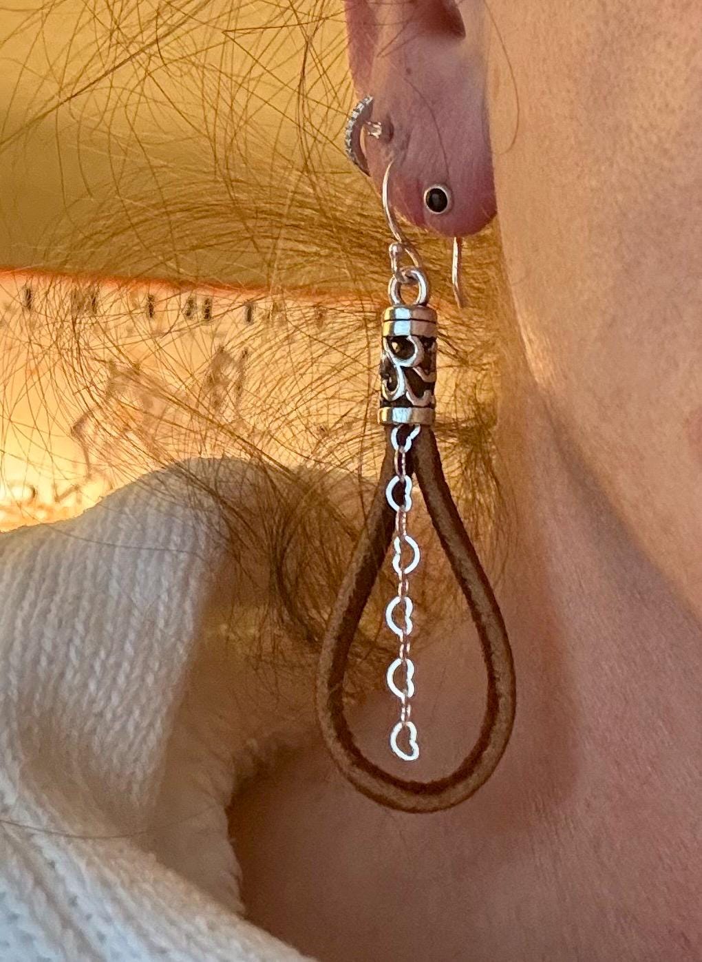 Leather earrings with heart chain / genuine leather earrings