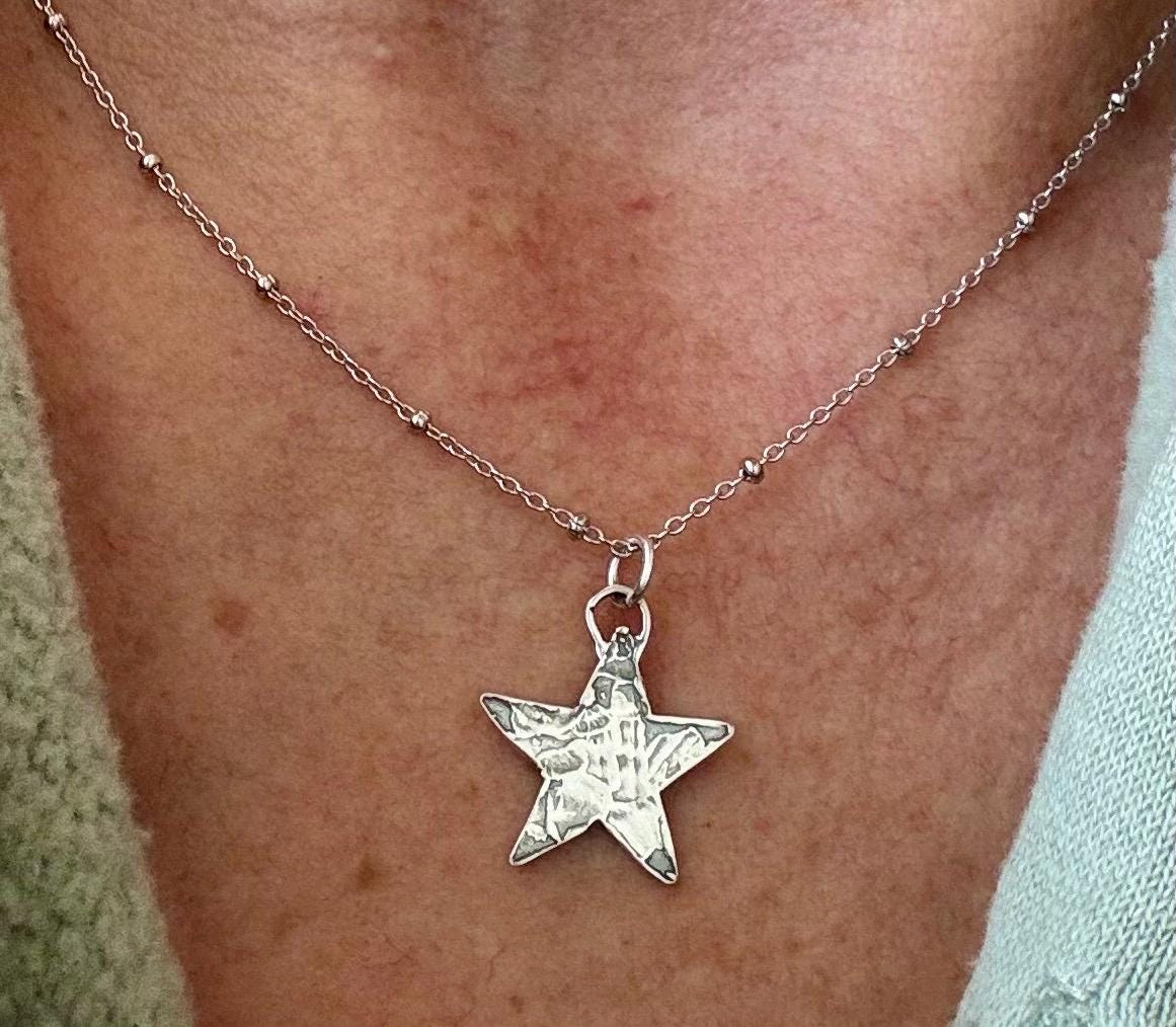 Sterling silver satellite chain necklace with delicate hammered star pendant / charm