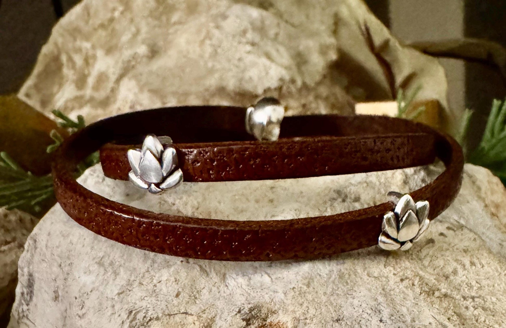 Camel leather wrap bracelet with lotus flower spacers and magnet closure