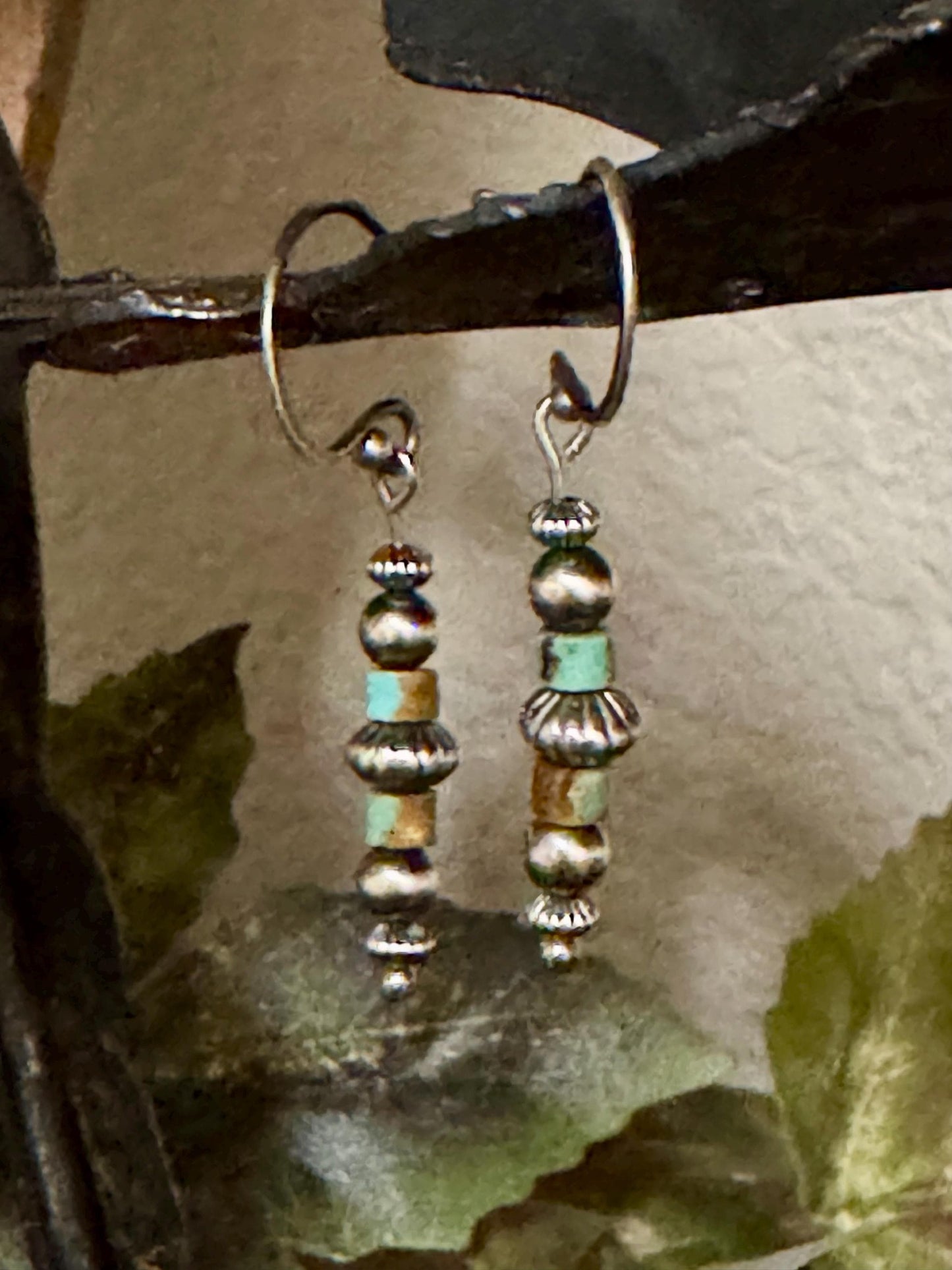 Sterling silver drop / dangle earrings with Navajo pearl and turquoise / turquoise earrings
