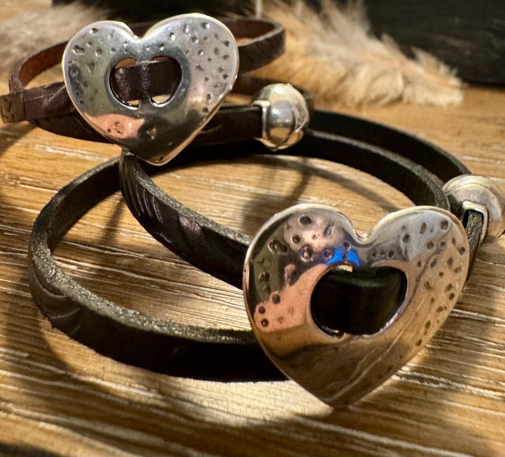 Leather wrap leather bracelet with heart pendant bracelet and magnet closure / embossed flower pattern or plain leather option