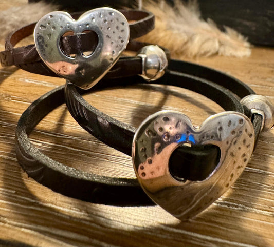 Leather wrap leather bracelet with heart pendant bracelet and magnet closure / embossed flower pattern or plain leather option
