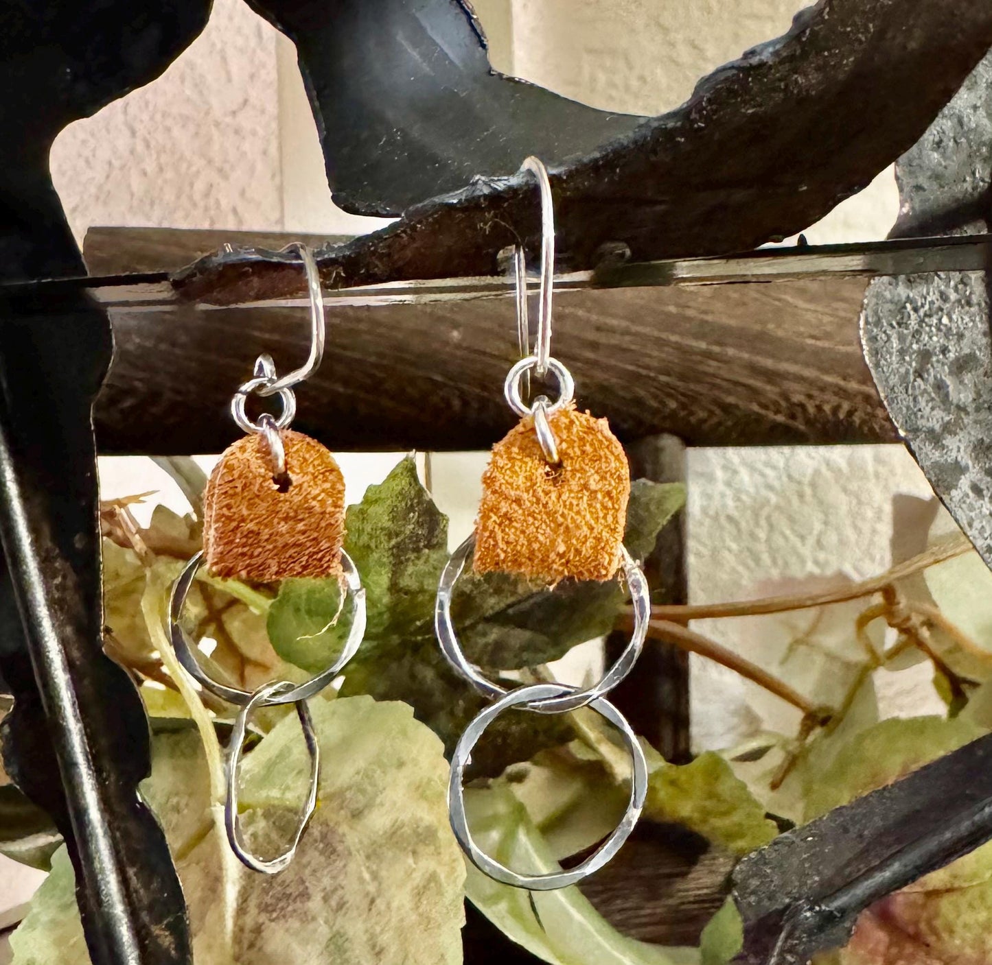 Suede leather earrings with sterling silver circle dangles / genuine leather earrings