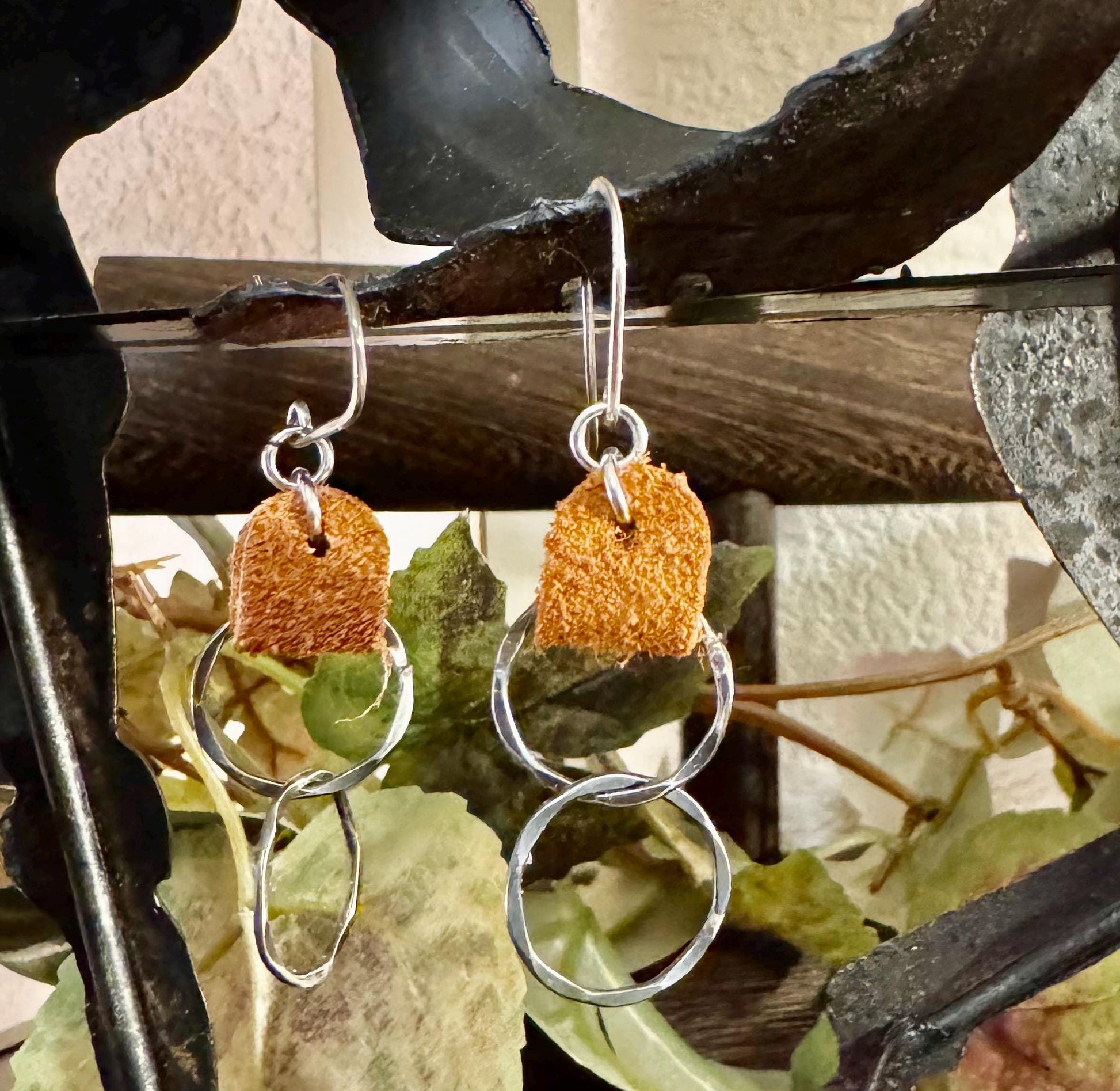 Suede leather earrings with sterling silver circle dangles / genuine leather earrings