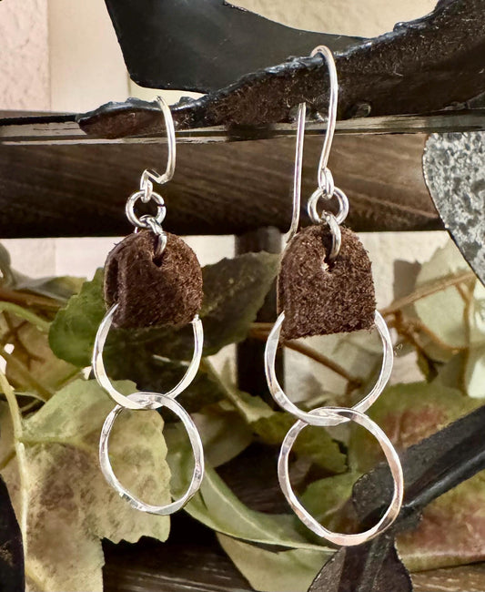 Suede leather earrings with sterling silver circle dangles / genuine leather earrings