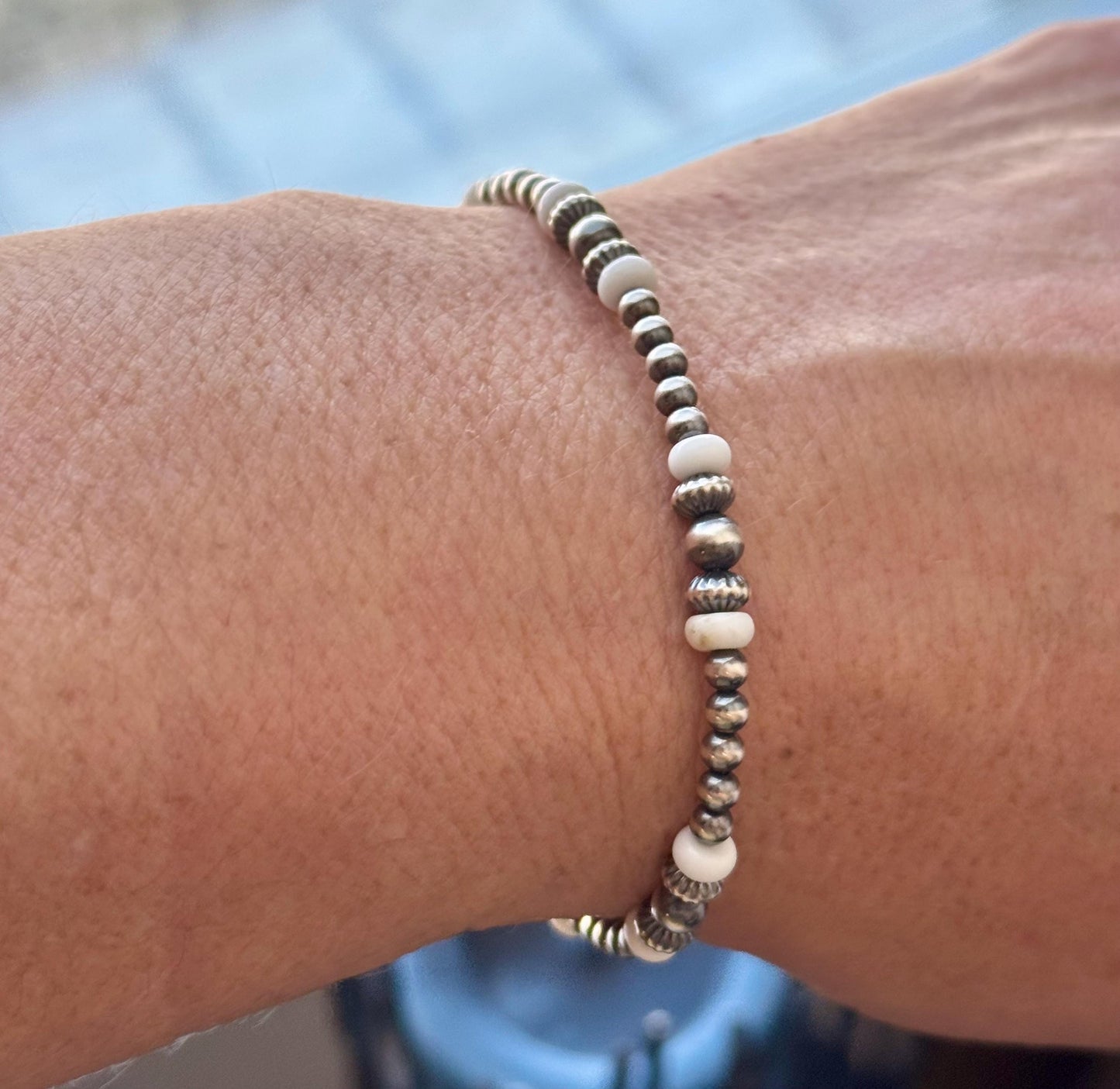 Navajo Pearl with White Turquoise bracelet / gemstone beaded sterling silver bracelet