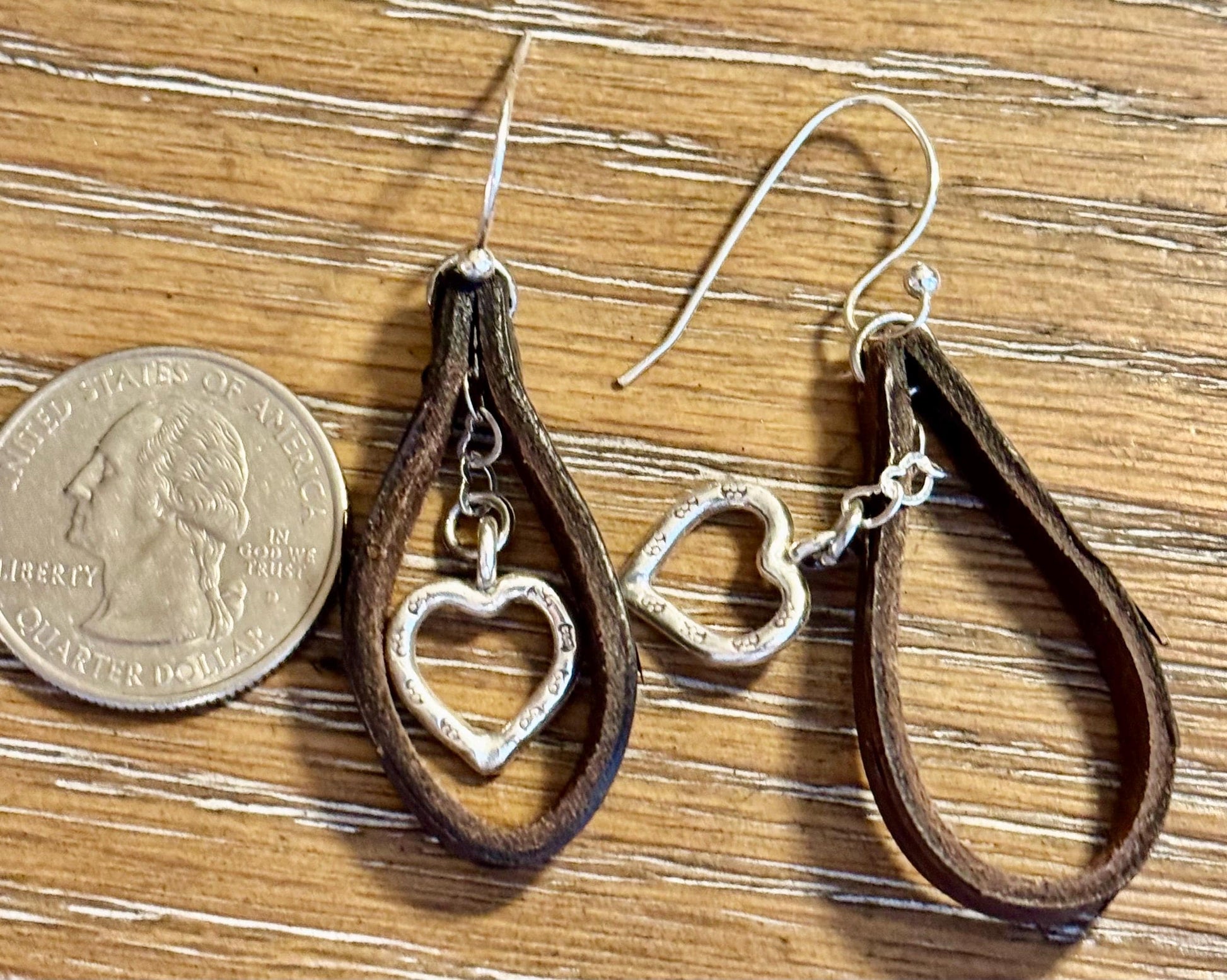 Leather earrings with heart chain and pendant / genuine leather earrings