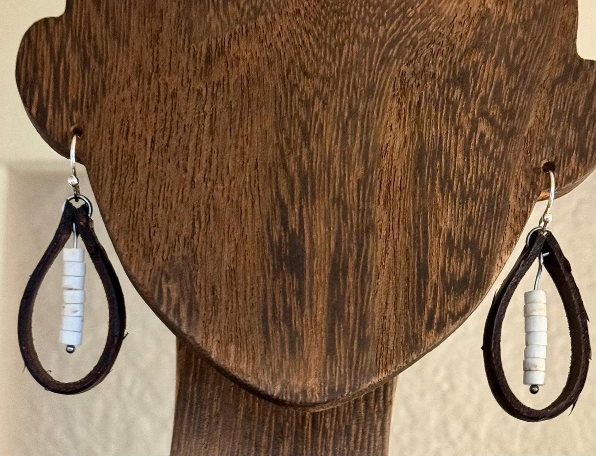Leather earrings with white turquoise dangle / genuine leather earring wrap