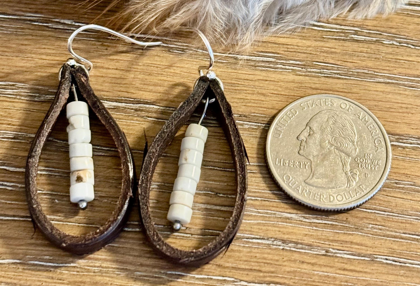 Leather earrings with white turquoise dangle / genuine leather earring wrap