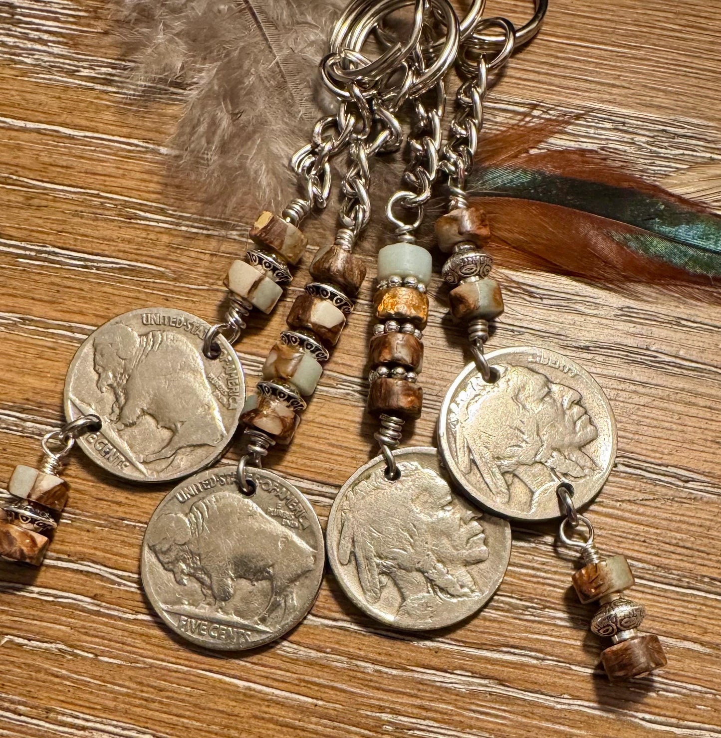 Indian head buffalo nickel keychain with Impression Jasper gemstone