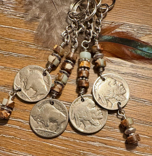 Indian head buffalo nickel keychain with Impression Jasper gemstone