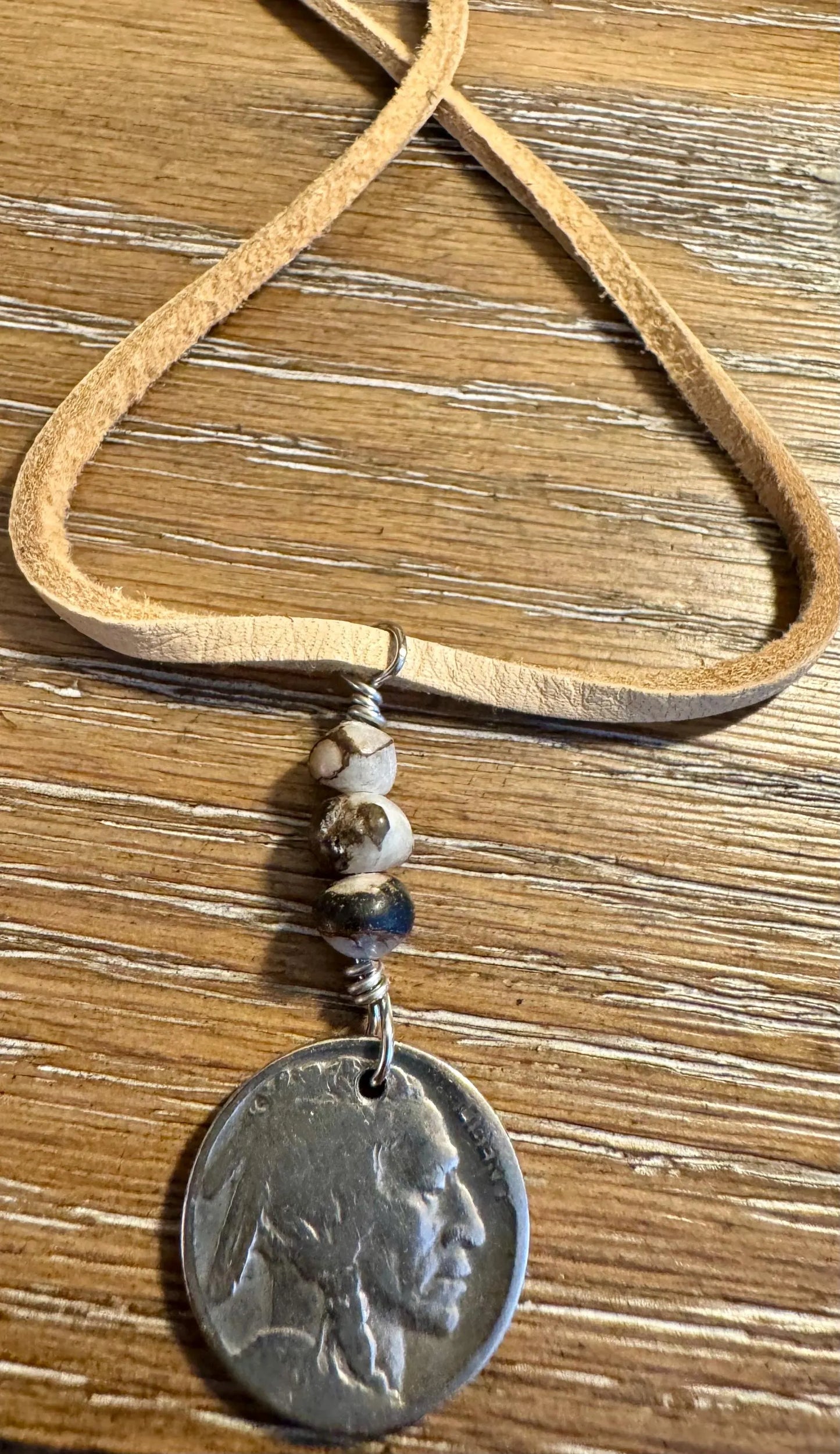Indian Head Buffalo Nickel Necklace on Deerskin Lace with White Buffalo Gemstone