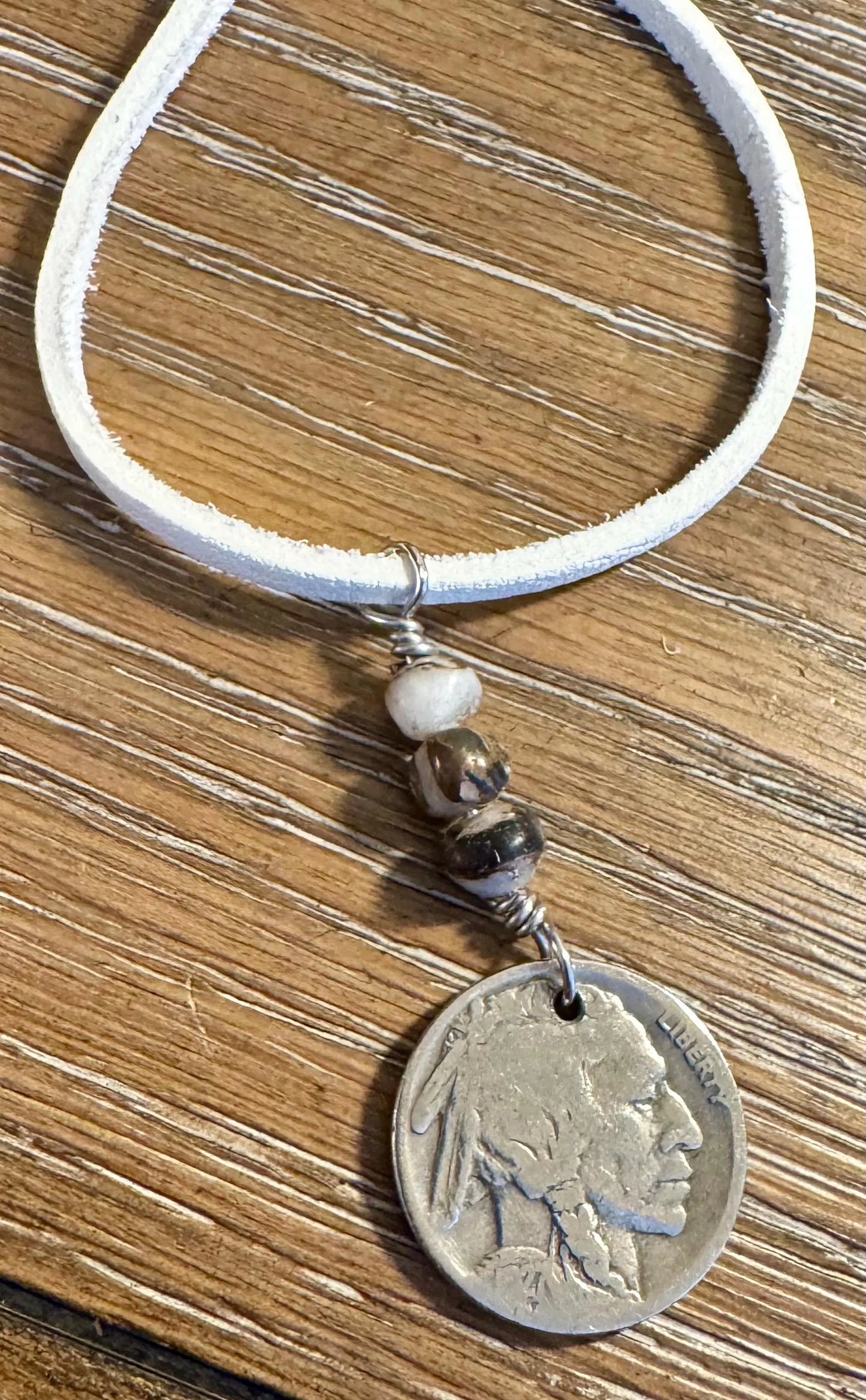 Indian Head Buffalo Nickel Necklace on Deerskin Lace with White Buffalo Gemstone