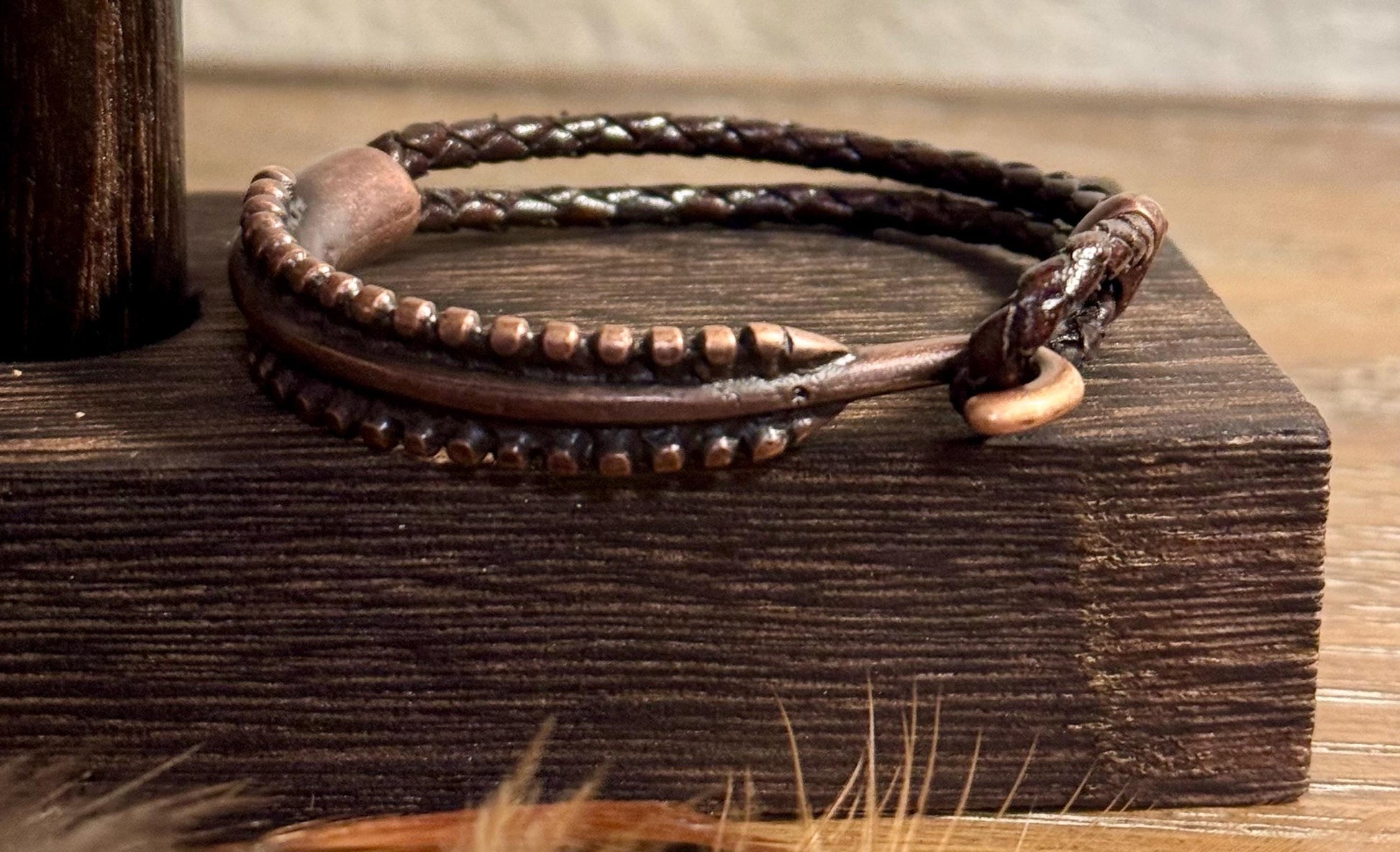 Leather bracelet with antique copper color cuff, dark brown or black leather option