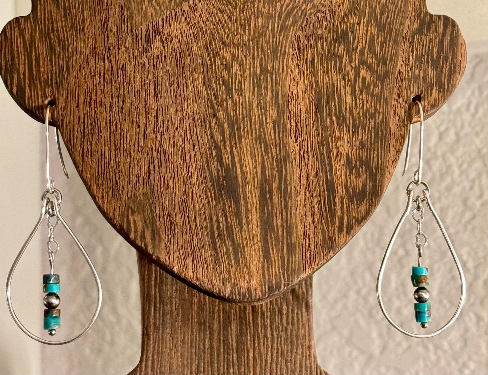 Turquoise and Navajo pearl dangle teardrop style, sterling silver heart chain earrings / turquoise earrings