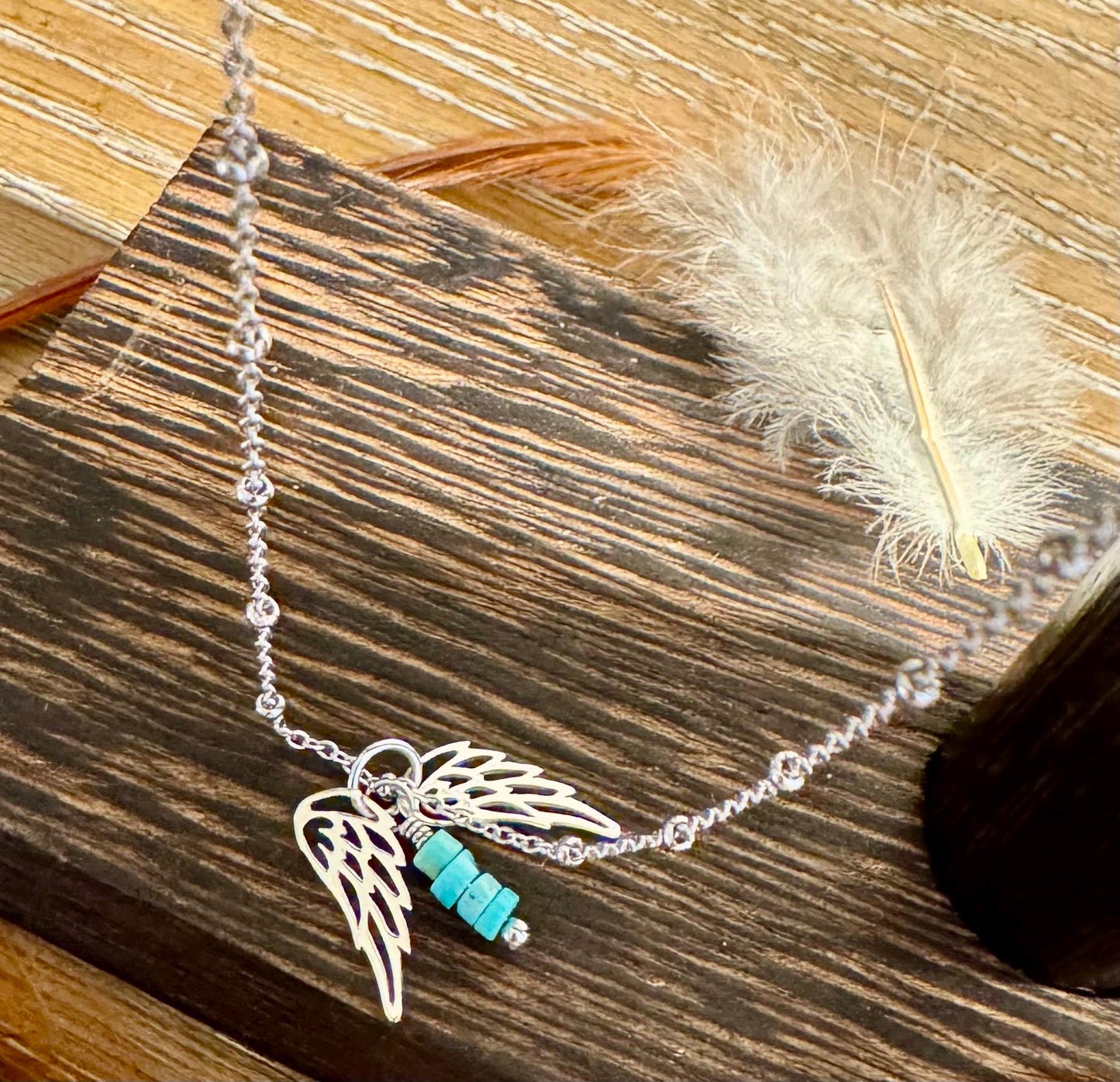 Delicate angel wings pendant / charm and turquoise dangle / accent necklace