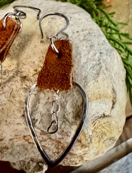 Leather earrings teardrop style with heart chain dangle earrings / genuine leather earrings