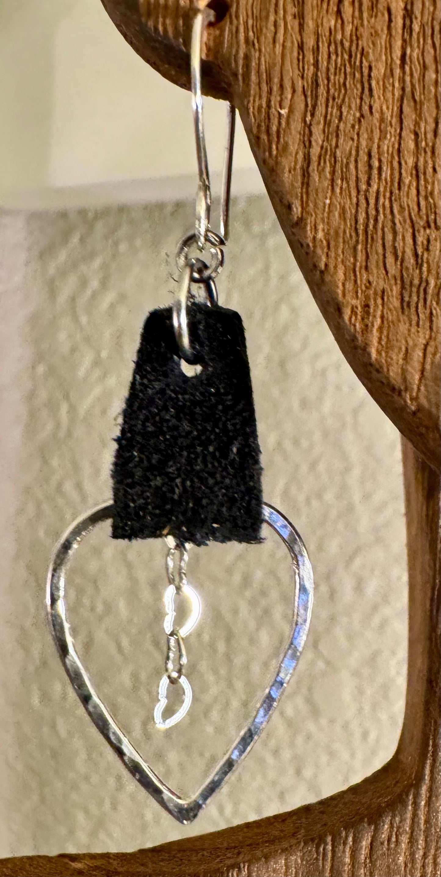 Leather earrings teardrop style with heart chain dangle earrings / genuine leather earrings