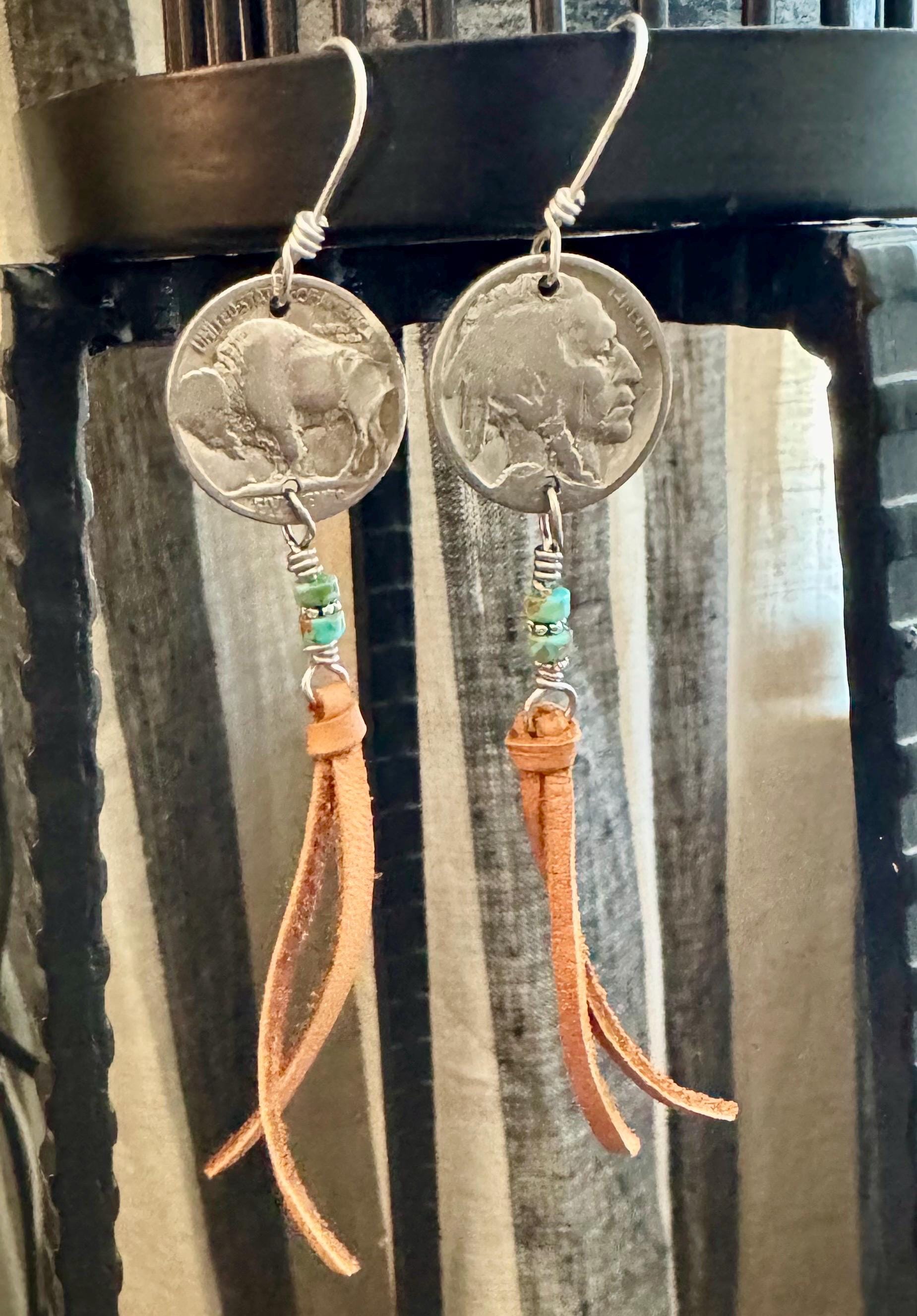 Indian head buffalo nickel earrings with deerskin leather and turquoise gemstone / leather earrings